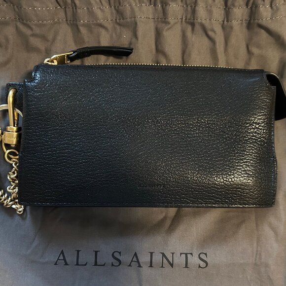 AllSaints Pebbled Black Leather "Marry Pochette" with Gold Chain, Dust Bag, NWOT - Picture 3 of 7